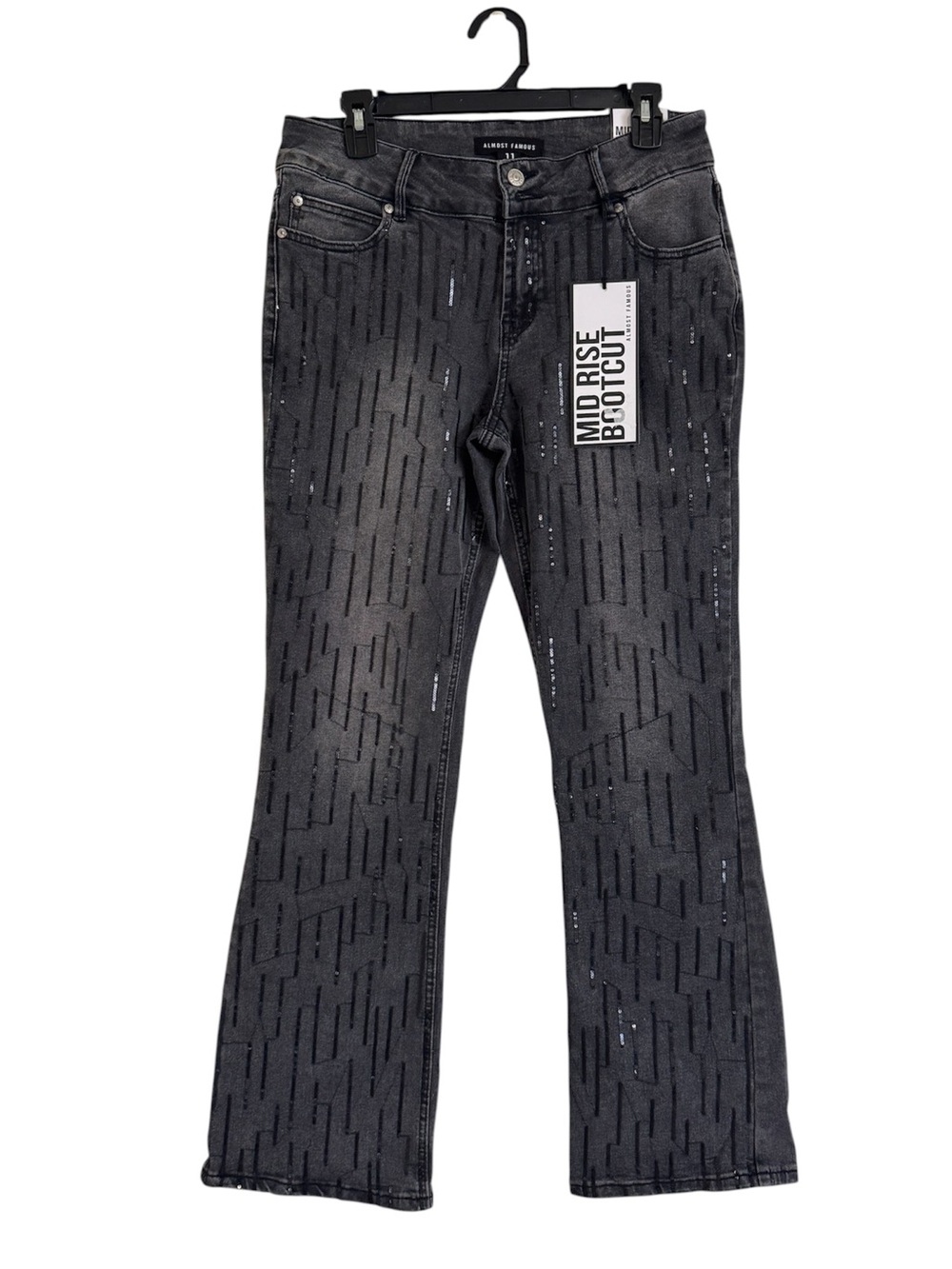 Almost Famous Mid Rise Bootcut Jeans Faded Black Sequined Pinstripe Motif Sz 11